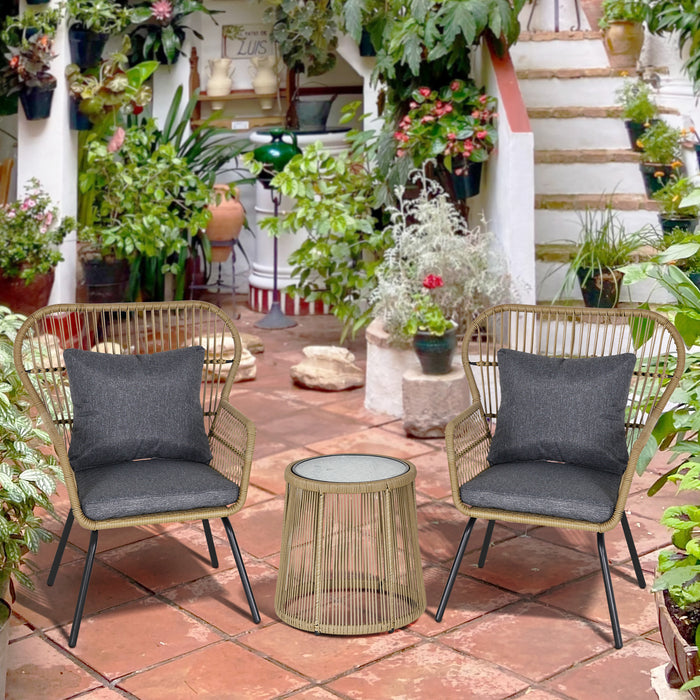 Outdoor 2-Person Wicker Rattan Patio Bistro Set - Includes 2 Chairs and Coffee Table with Metal Legs - Ideal for Garden, Backyard, and Deck Lounging