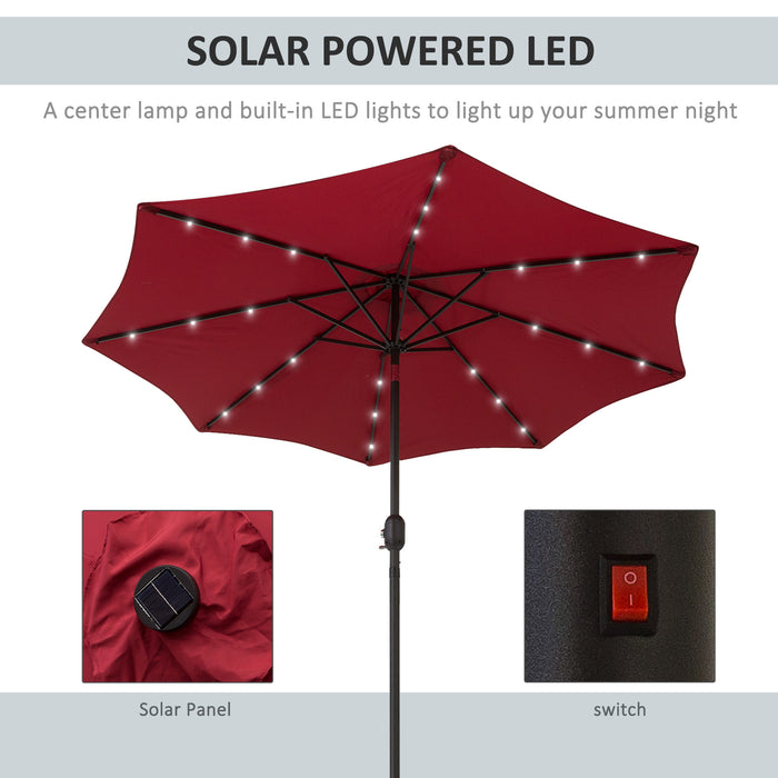 Solar-Lit Patio Umbrella with 24 LEDs - Durable Wine Red Canopy for Outdoor Leisure - Ideal Illumination for Nighttime Entertainment