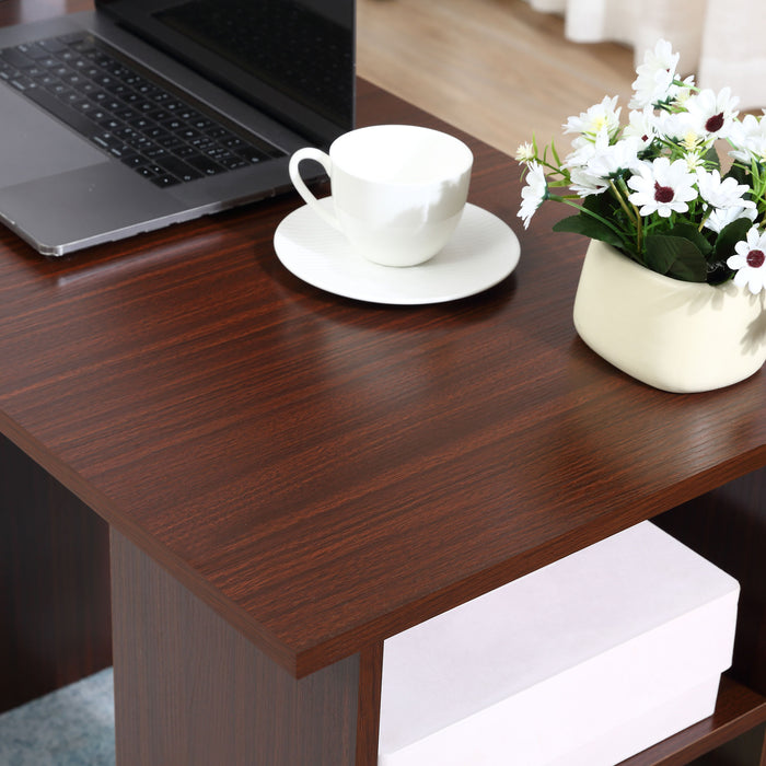 120cm Walnut Brown Computer Desk - Storage Shelves and Drawers Writing Table Workstation - Ideal for Home Office and Study Spaces