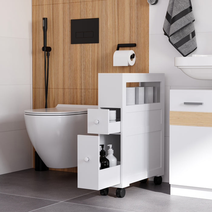 Slim Bathroom Storage Organizer - MDF Rolling Side Cabinet in White - Space-Saving Solution for Tight Spaces