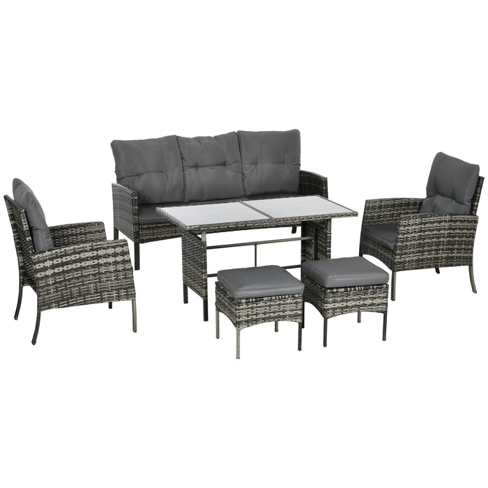 5 Seater Rattan Garden Furniture Set - Outdoor Patio Sofa with Wicker Armchairs, 3-Seater Couch, Footstools & Glass Table - Ideal for Conservatory & Deck Entertaining