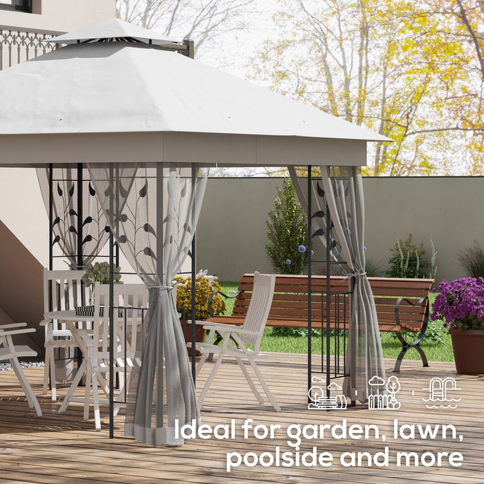 Double Roof Garden Gazebo Canopy - 3m x 3m with Netting & Solid Steel Frame in Light Grey - Outdoor Shelter for Gardens and Patios