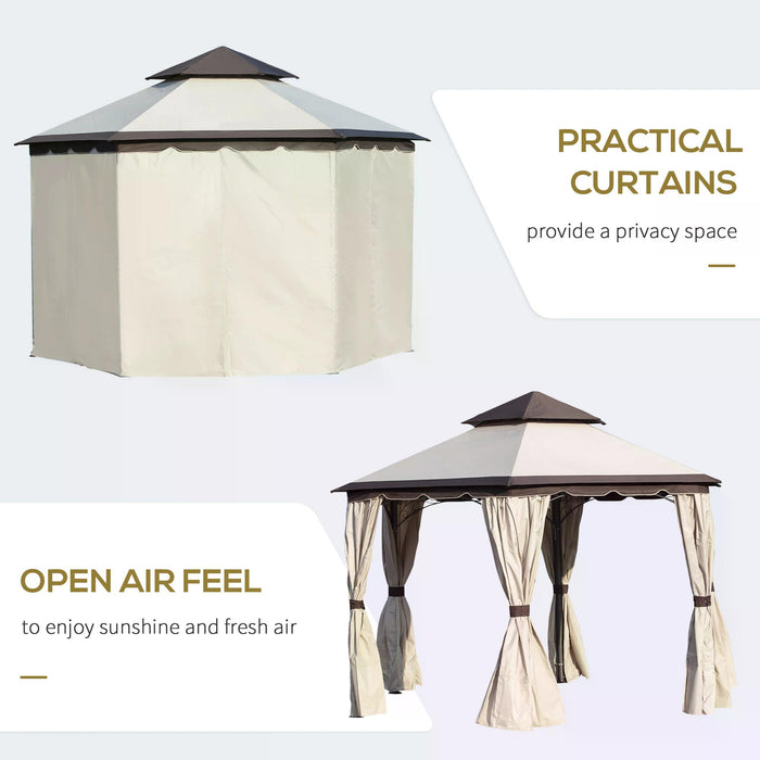 Steel Gazebo Canopy 3.4m - Garden Pavilion with 2 Tier Roof and Curtains, Beige - Ideal for Outdoor Parties and Patio Shelter