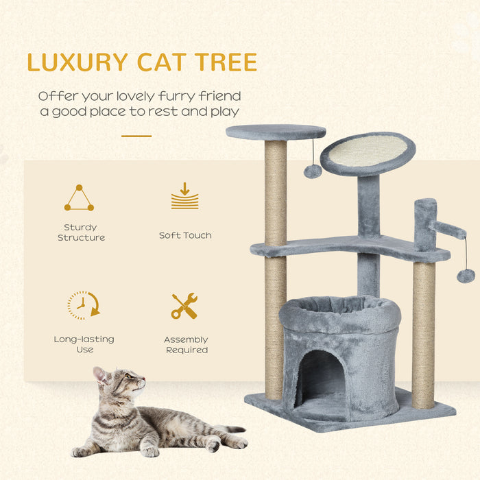 Cat Tree Tower with Condo Bed - Kitten Activity Center with Scratching Post, Perch & Ball Toy in Grey - Ideal for Playful Cats and Scratching Enrichment