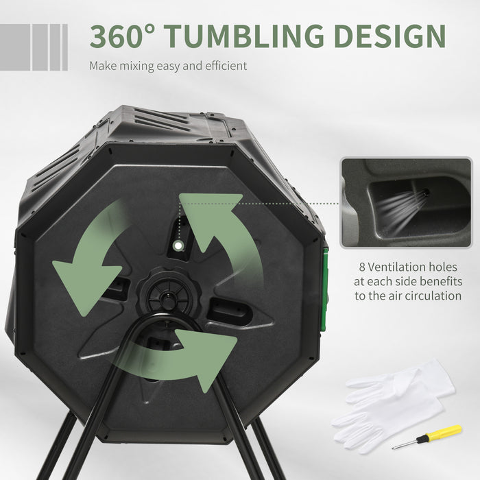 Dual Chamber Tumbling Compost Bin - 160L Capacity, 360° Rotation, Sliding Doors, Sturdy Steel Frame - Ideal for Outdoor Waste Composting