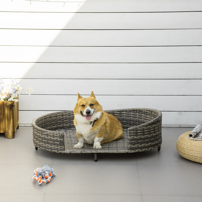 Elevated Canine Couch - Hand-Woven Wicker Pet Sofa with Soft Cushion and Washable Cover in Grey - Ideal for Medium Dogs and Cats