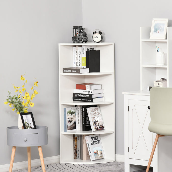 4-Tier Wood Corner Shelf - Freestanding Bookshelf & Plant Stand, Modern White Decoration - Space-Saving Display for Home & Office
