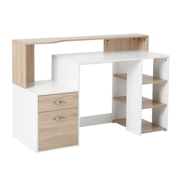 Modern Oak and White Computer Desk - Home Office Writing Workstation with Printer Shelf, Storage Drawer & Shelves - Ideal for Remote Work and Study Spaces