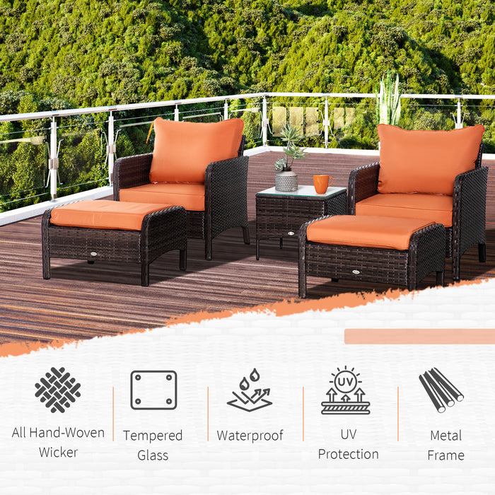 5-Piece PE Rattan Outdoor Furniture Set - Includes 2 Wicker Armchairs, 2 Stools, Glass Top Table with Comfortable Cushions - Elegant Patio Conversational Set for Garden and Backyard