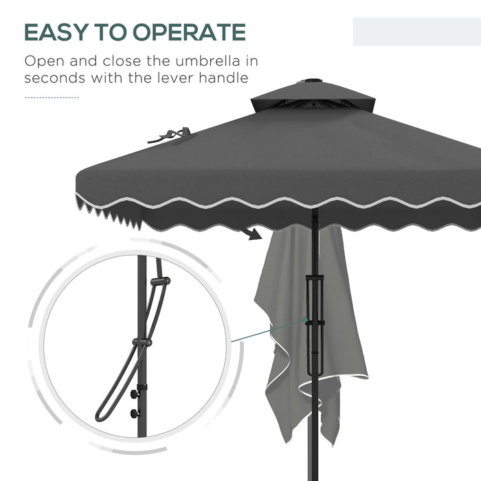 Double Top Cantilever Umbrella 2.5m - Elegant Dark Grey Garden Parasol with Decorative Ruffles - Stylish Outdoor Shade Solution for Patio Comfort