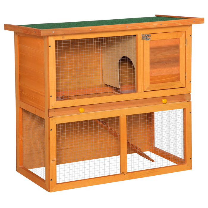 Double Decker Wooden Hutch for Rabbits and Guinea Pigs - 2-Tier Pet Cage with Sliding Tray and Opening Top - Ideal for Small Animal Housing and Easy Maintenance