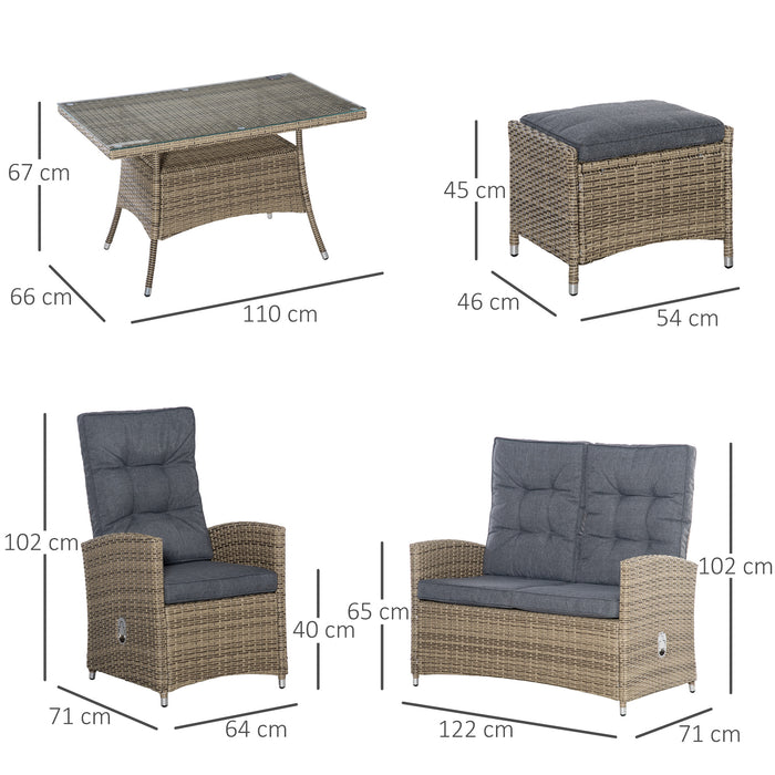 PE Rattan 6-Piece Dining Set - Patio Wicker Conversation Set with Tempered Glass-Top Table & Storage - Ideal for Outdoor Dining and Entertaining