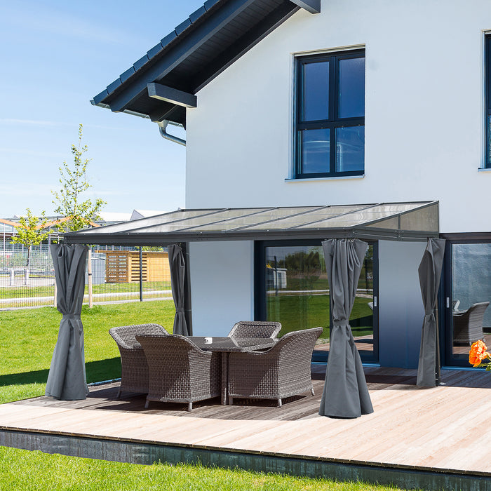 Aluminium Hardtop Pergola Gazebo 4x3m - PC Roof, Lean-To Design, Garden Sun Shelter with Curtains in Grey - Ideal for Outdoor Parties and Gatherings