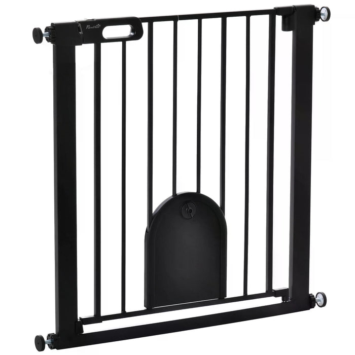 Pet Safety Gate 75-82 cm - Pressure-Mounted Barrier w/ Small Pet Door, Auto-Close & Double Locking - Ideal for Doorways & Stairs, For Dogs & Cats