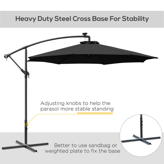 LED Solar-Lit Banana Parasol - 3m Cantilever Garden Umbrella with Crank Handle and Cross Base - Stylish Hanging Sunshade for Outdoor Relaxation