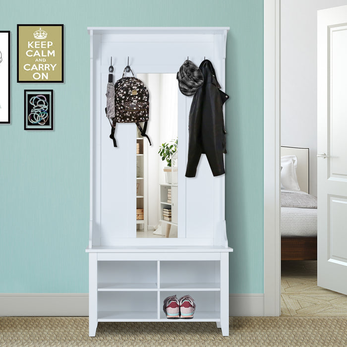 Shoe Bench and Coat Rack Hallway Set - Storage Mirror Cabinet with Organiser Shelves & Multiple Cubes - Ideal for Entryway Clutter Management