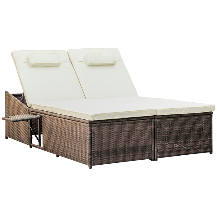 Double Rattan Loveseat with Adjustable Features and Center Tray - Elegant Brown and Cream-White Design - Perfect for Couples and Outdoor Relaxation