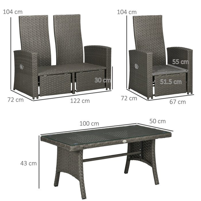 4-Piece Rattan Garden Furniture Set - Outdoor Seating with Wicker Sofa, Reclining Armchair, and Glass Table - Ideal for Yard Entertaining and Relaxation, Seats Up to 4, Grey