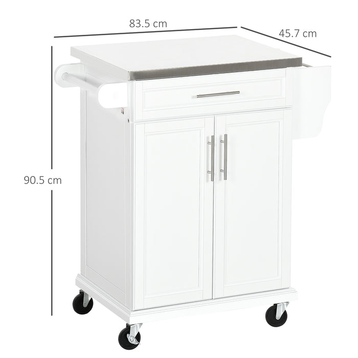 White Wooden Kitchen Island Cart - Freestanding Storage Trolley with Stainless Steel Top, Drawer & Rack on Wheels - Mobile Serving Station for Home Chefs & Entertaining