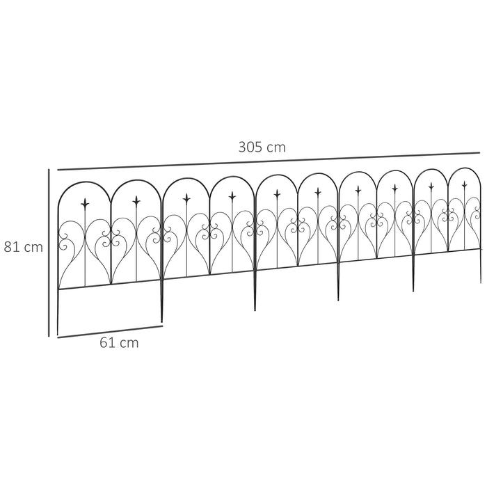 Decorative Metal Picket Fence Panels - Set of 5 with Heart-Shaped Scrollwork Design, Black Finish - Enhances Garden Aesthetics & Boundary Marking