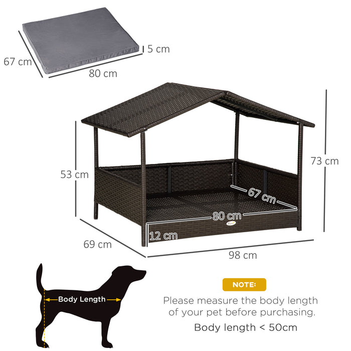 Elevated Rattan Canine Abode - Wicker Pet Bed Lounge with Cushion & Sunshade for Pets - Ideal for Small to Medium Dogs, Comfort & Outdoor Protection