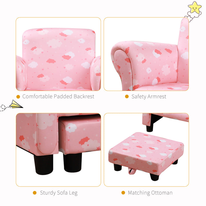 Kids' Mini Sofa Armchair with Footrest - Sturdy Wood Frame and Anti-Slip Legs, High Back, Pink Cloud and Star Design - Perfect for Bedroom or Playroom Furniture