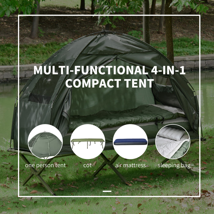 Foldable Camping Tent with Sleeping Bag and Air Mattress - Portable Outdoor Hiking Picnic Bed Cot and Foot Pump - Ideal for Solo Adventurers and Nature Enthusiasts