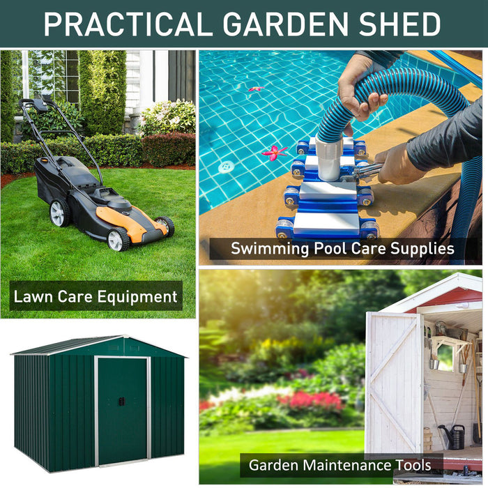 Corrugated Steel Garden Shed 8x6 ft - Spacious Metal Storage with Ventilation & Sliding Doors, Green - Ideal for Outdoor Tools and Equipment Shelter