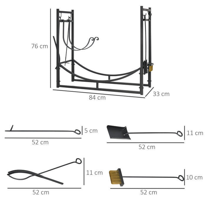 84cm Metal Firewood Stand and Log Rack with Fireplace Tools - Sturdy Construction for Indoor/Outdoor Use, Includes Shovel, Poker, Tongs, and Brush - Essential Accessory for Home Heating & Firekeeping