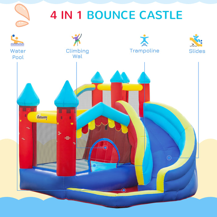 4-in-1 Bouncy Castle with Trampoline - Large Inflatable Playhouse with Slide, Climbing Wall, and Water Pool - Outdoor Fun for Children Ages 3-8