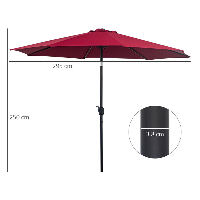 Tilting Parasol 3m Sun Shade Umbrella - Wine Red, 8 Ribs, Crank Handle for Easy Adjustment - Ideal for Garden, Balcony, Outdoor Bench Seating