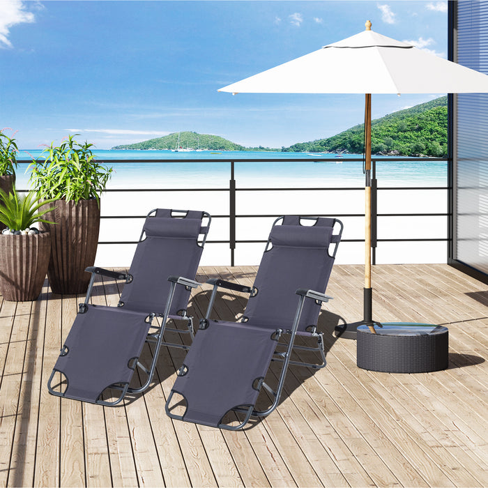 Foldable Sun Lounger Set with Adjustable Back - Reclining Garden Chairs with Pillow and Armrests in Grey - Perfect for Outdoor Relaxation and Comfort