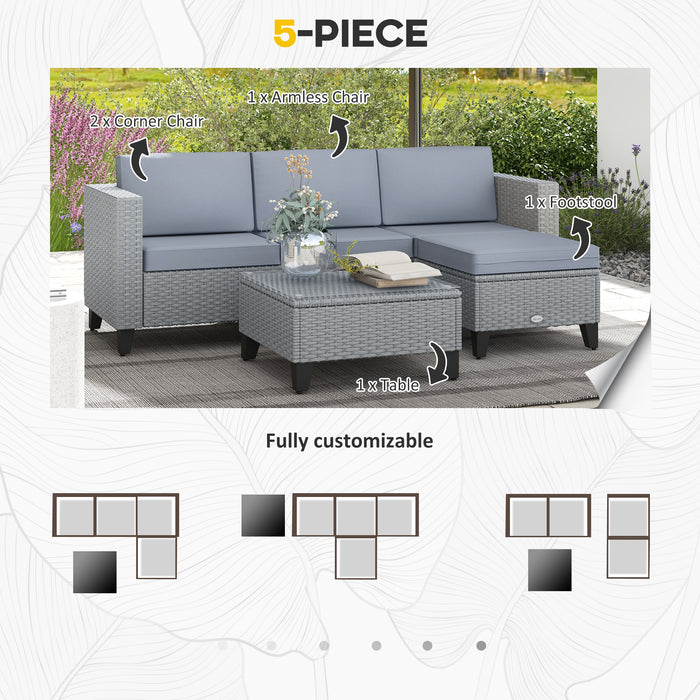 5-Piece Rattan Patio Furniture Set - Corner Sofa, Footstools & Coffee Table in Grey - Ideal for Poolside Lounging and Entertainment