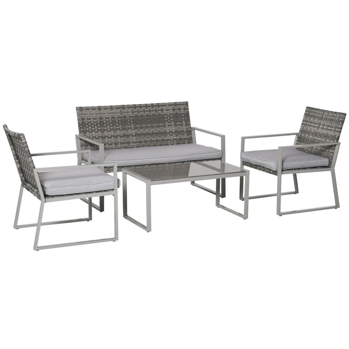 4-Seater Rattan Garden Furniture Set - Single Sofa Arm Chairs, Bench with Cushions & Coffee Table - Ideal for Patio and Backyard Entertaining