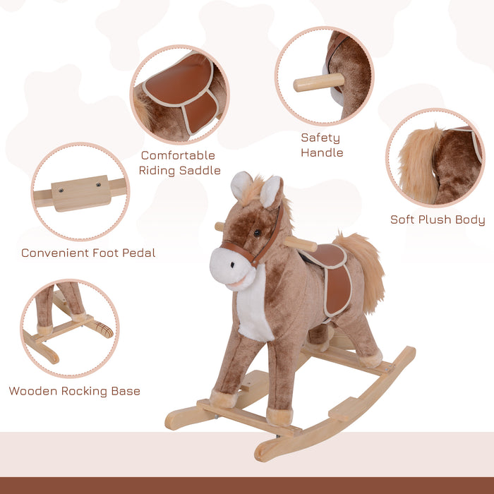 Plush Brown & White Rocking Horse for Kids - Soft Toy Ride with Sturdy Wood Base - Classic Children’s Nursery Decor and Playroom Entertainment