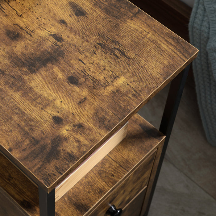 Narrow End Table with Dual Drawers and Lower Shelf - Sturdy Metal Framed Bedside Table in Rustic Brown - Space-Saving Furniture for Small Rooms