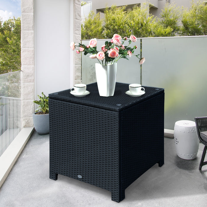 Rattan Garden Side Table - Sturdy Patio Frame with Tempered Glass Top, Black - Ideal for Outdoor Living Spaces