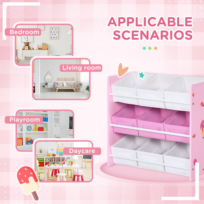 9-Bin Kids Storage Organizer - Removable Baskets Toy Box with Bookshelf - Nursery & Playroom Clutter Solution in Pink