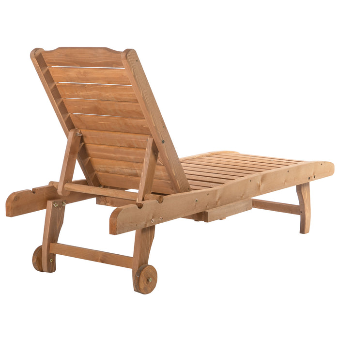 Outdoor Wooden Lounger with Built-In Table - Adjustable Backrest, Wheels, Red Brown Sun Bed - Perfect for Patio Relaxation and Sunbathing