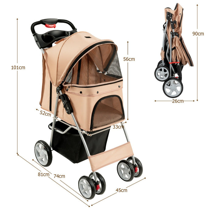 Pet Gear - 4-Wheel Foldable Pet Stroller with Storage Basket and Adjustable Canopy in Beige - Ideal for Outdoor Walks and Travel with Small to Medium Pets