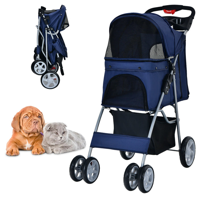 Pet Gear - 4-Wheel Foldable Pet Stroller with Storage Basket and Adjustable Canopy in Beige - Ideal for Outdoor Walks and Travel with Small to Medium Pets