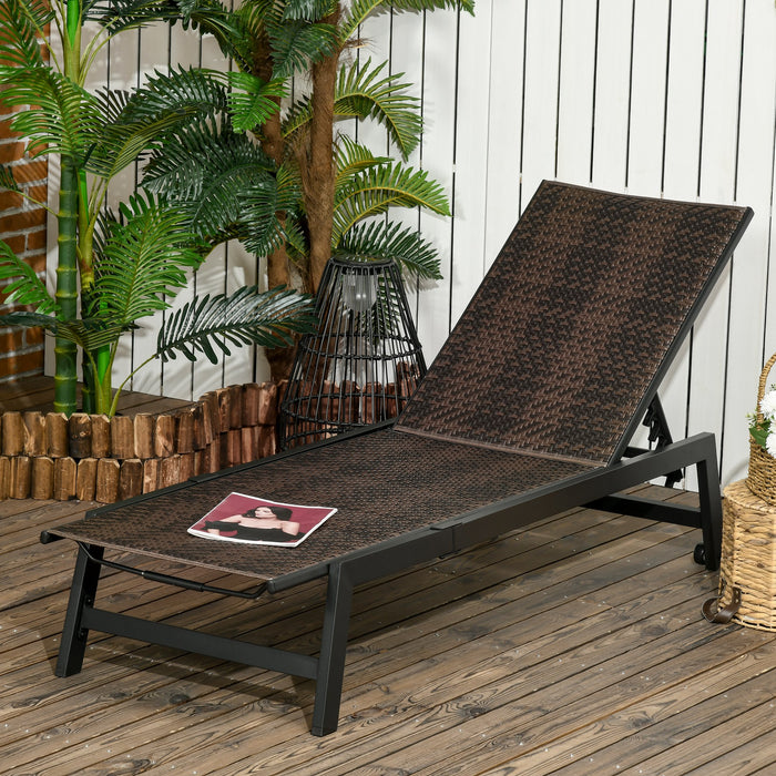 Rattan Sun Lounger with Wheels and Adjustable Backrest - Outdoor Wicker Patio Chaise Lounge Chair, 5-Position Comfort - Ideal for Sunroom, Garden, Poolside Lounging