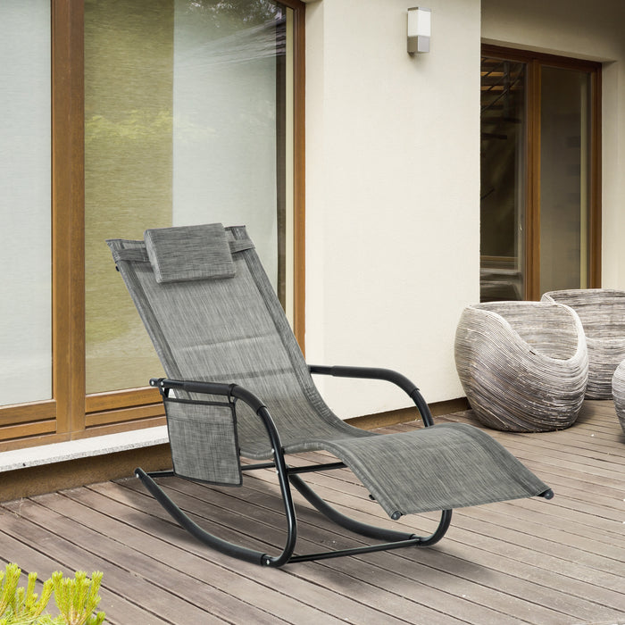 Breathable Mesh Rocking Chair - Indoor & Outdoor Patio Rocker Lounge with Removable Headrest - Comfortable Recliner Seat for Garden, Patio in Dark Grey