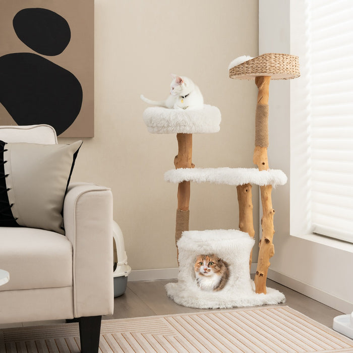 Wooden Cat Tree, 124 CM Tall - Featuring Jute Scratching Posts in White - Ultimate Playground for Feline Companions, Promotes Exercise and Claw Health