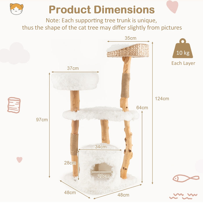 Wooden Cat Tree, 124 CM Tall - Featuring Jute Scratching Posts in White - Ultimate Playground for Feline Companions, Promotes Exercise and Claw Health
