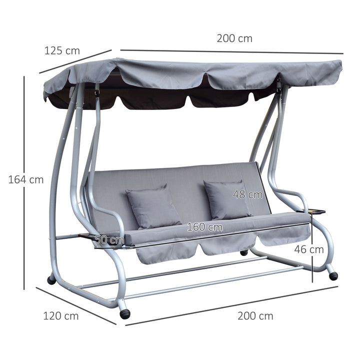 3 Seater Swing Chair with Tilting Canopy - 2-in-1 Garden Swing Seat and Bed with 2 Cushions in Grey - Versatile Hammock Bench for Relaxing Outdoors