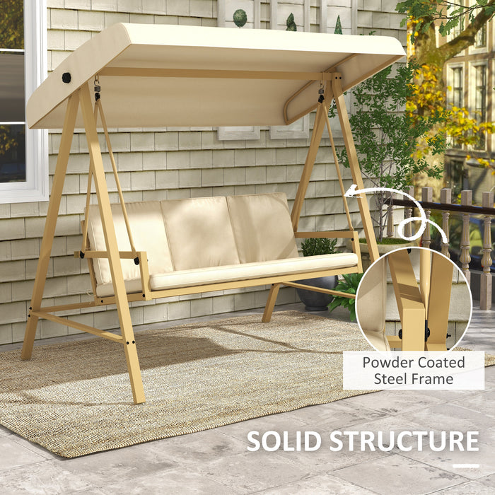 Outdoor Beige 3-Seater Swing Chair with Adjustable Canopy - Garden Hammock Bench with Removable Cushions & Sturdy Steel Frame - Ideal for Patio Relaxation and Comfort