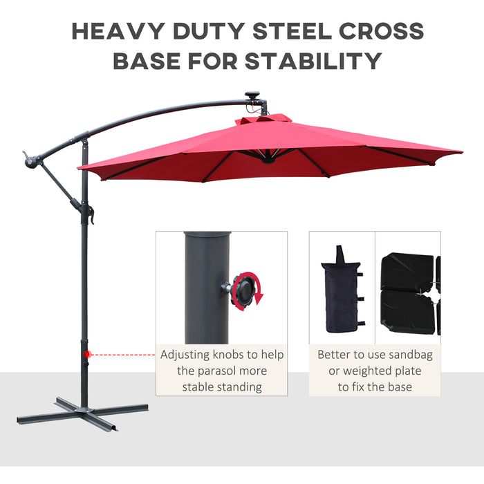 3M LED Cantilever Banana Umbrella - Steel & Aluminium Hanging Parasol with Crank, Cross Base, Offset Design - Ideal for Garden, Patio Table & Outdoor Red Shade