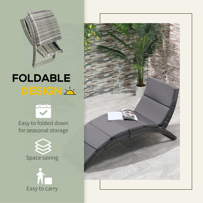 Garden Patio Rattan Wicker Sun Lounger - Folding Recliner Bed Chair with Grey Cushion for Outdoor Comfort - Ideal for Poolside Relaxation & Backyard Sunbathing