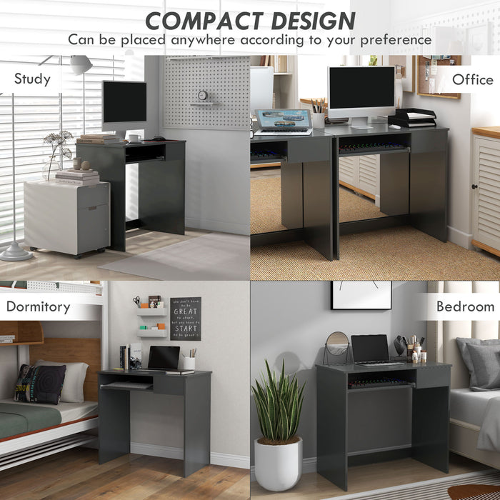 Study Desk with Slide-Out Keyboard Tray and Storage Drawer - Sturdy Compact Writing Table for Home Office - Space-Saving Grey Workstation for Small Spaces